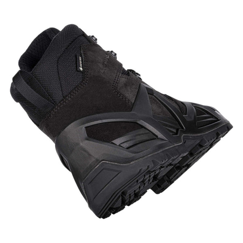 Rear heel view of the LOWA Zephyr MK2 GTX Mid in Black showing the supportive heel counter and padded collar.