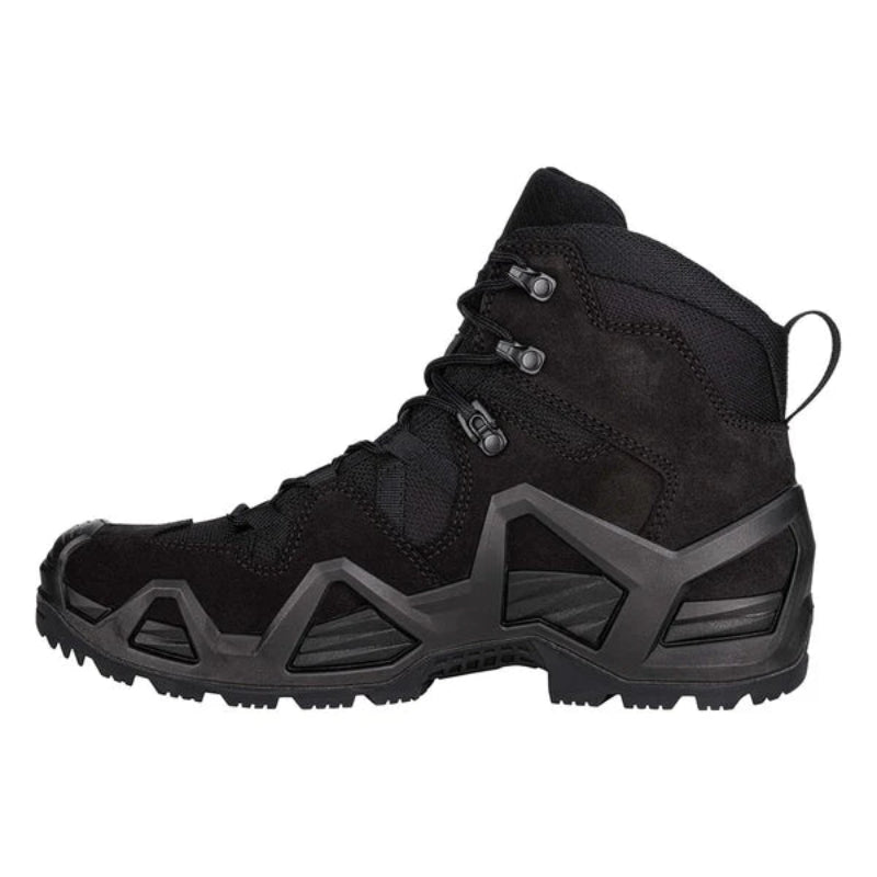 Side profile of the LOWA Zephyr MK2 GTX Mid in Black showing the mid-height design, MONOWRAP support frame, and rugged tactical outsole.