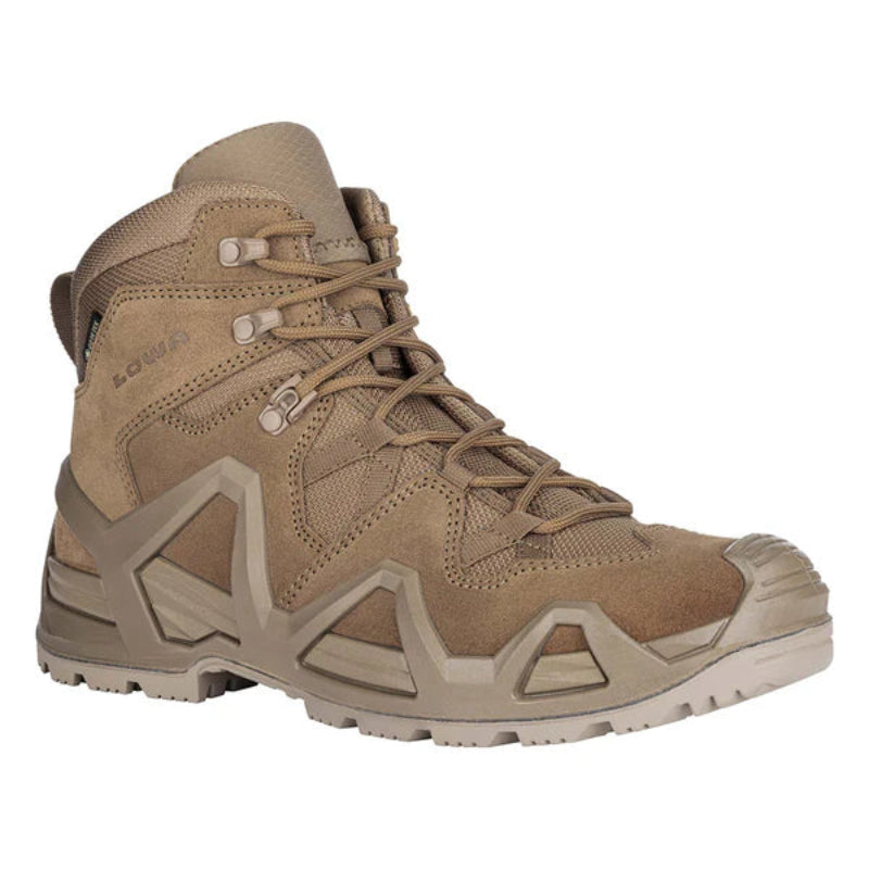 Angled front view of the LOWA Zephyr MK2 GTX Mid in Coyote OP featuring waterproof construction, reinforced toe protection, and tactical traction.