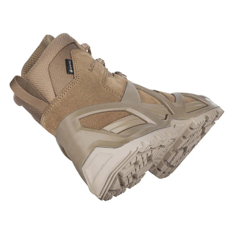 Rear heel view of the LOWA Zephyr MK2 GTX Mid in Coyote OP showing the padded heel counter, pull loop, and supportive mid-cut ankle construction.