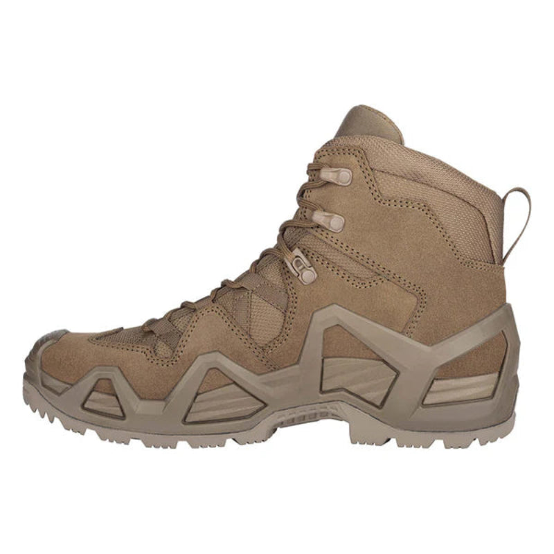 Side profile of the LOWA Zephyr MK2 GTX Mid in Coyote OP showing the mid-cut silhouette, MONOWRAP support frame, and rugged outsole.