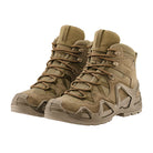 Angled view of a pair of LOWA Zephyr MK2 GTX Mid tactical boots in Coyote showcasing the durable suede upper and all-terrain outsole.