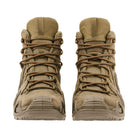 Pair of LOWA Zephyr MK2 GTX Mid tactical boots in Coyote shown from the front with waterproof GORE-TEX protection and supportive mid-cut construction.