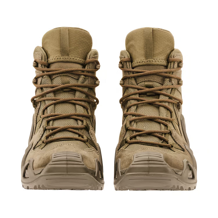 Pair of LOWA Zephyr MK2 GTX Mid tactical boots in Coyote shown from the front with waterproof GORE-TEX protection and supportive mid-cut construction.