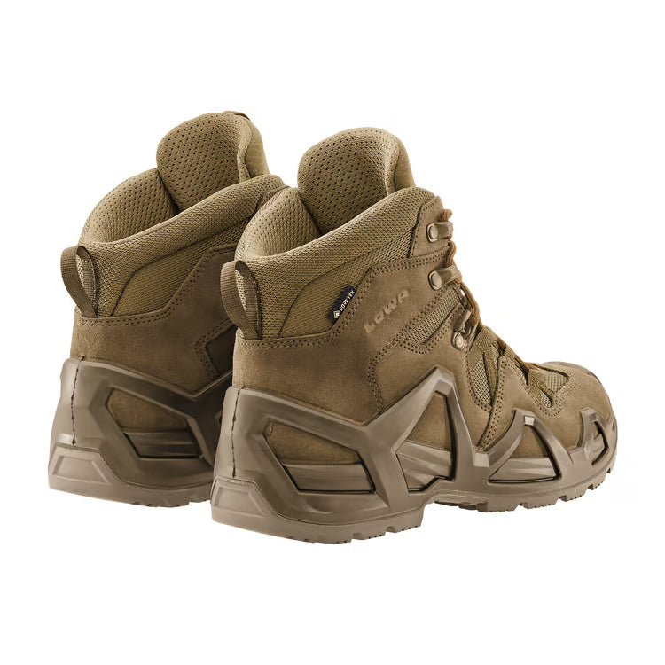 Rear view of a pair of LOWA Zephyr MK2 GTX Mid boots in Coyote showing the heel support and pull loops.