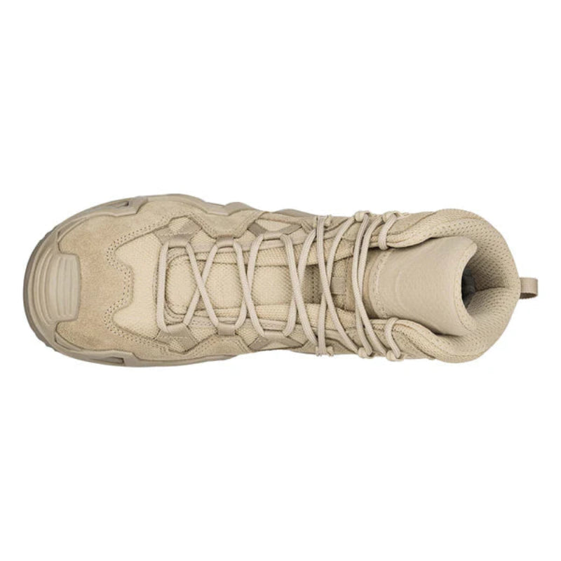 Top-down view of the LOWA Zephyr MK2 GTX Mid in Desert featuring the tactical lace system and padded tongue.