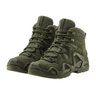 Angled view of a pair of LOWA Zephyr MK2 GTX Mid tactical boots in Ranger Green featuring durable suede, CORDURA panels, and an all-terrain outsole.