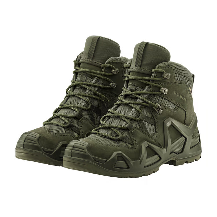 Angled view of a pair of LOWA Zephyr MK2 GTX Mid tactical boots in Ranger Green featuring durable suede, CORDURA panels, and an all-terrain outsole.