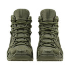 Pair of LOWA Zephyr MK2 GTX Mid tactical boots in Ranger Green shown from the front with waterproof GORE-TEX protection and supportive mid-cut construction.