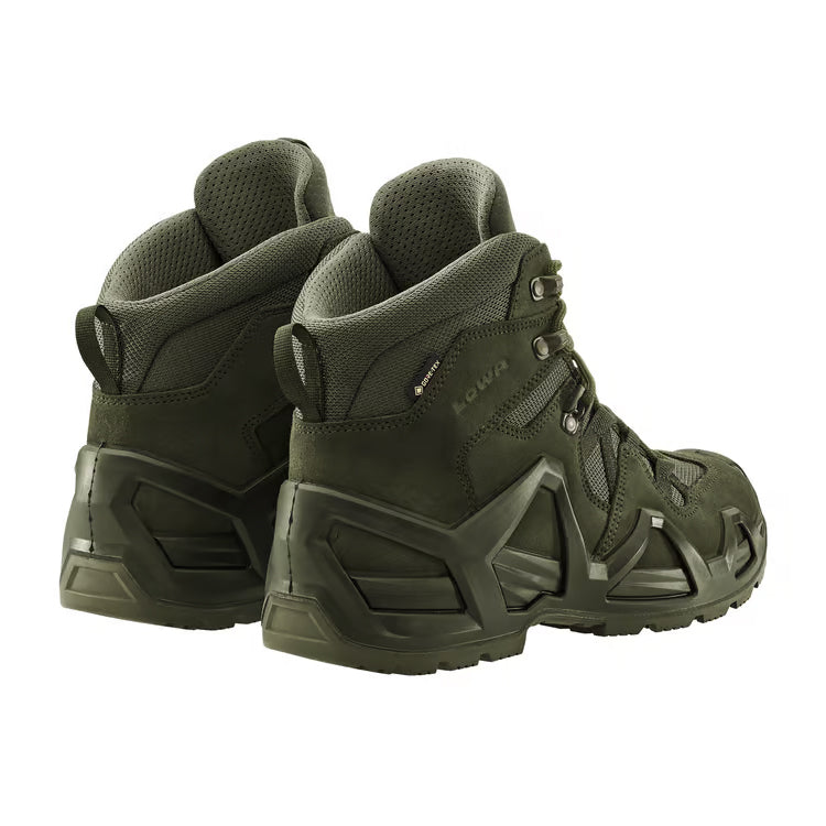 Rear view of a pair of LOWA Zephyr MK2 GTX Mid boots in Ranger Green showing the reinforced heel construction and pull loops.