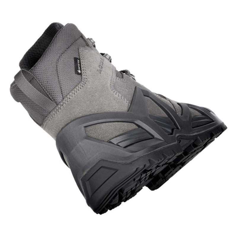 Bottom view of the LOWA Zephyr MK2 GTX Mid in Wolf showing the slip-resistant LOWA rubber outsole with aggressive traction lugs.