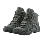Angled view of a pair of LOWA Zephyr MK2 GTX Mid tactical boots in Wolf showcasing the supportive MONOWRAP frame and rugged outsole.