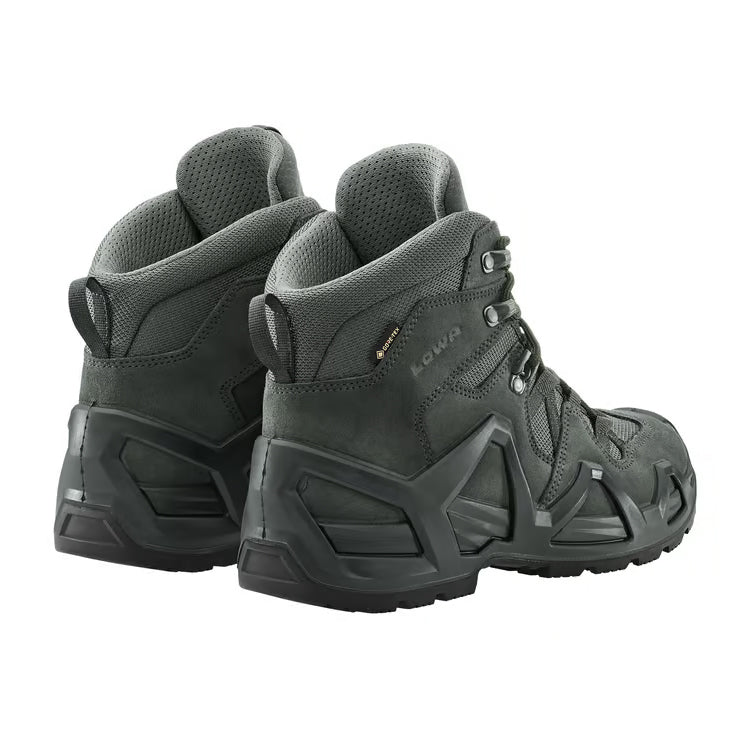 Rear view of a pair of LOWA Zephyr MK2 GTX Mid boots in Wolf highlighting the heel support and pull loops.