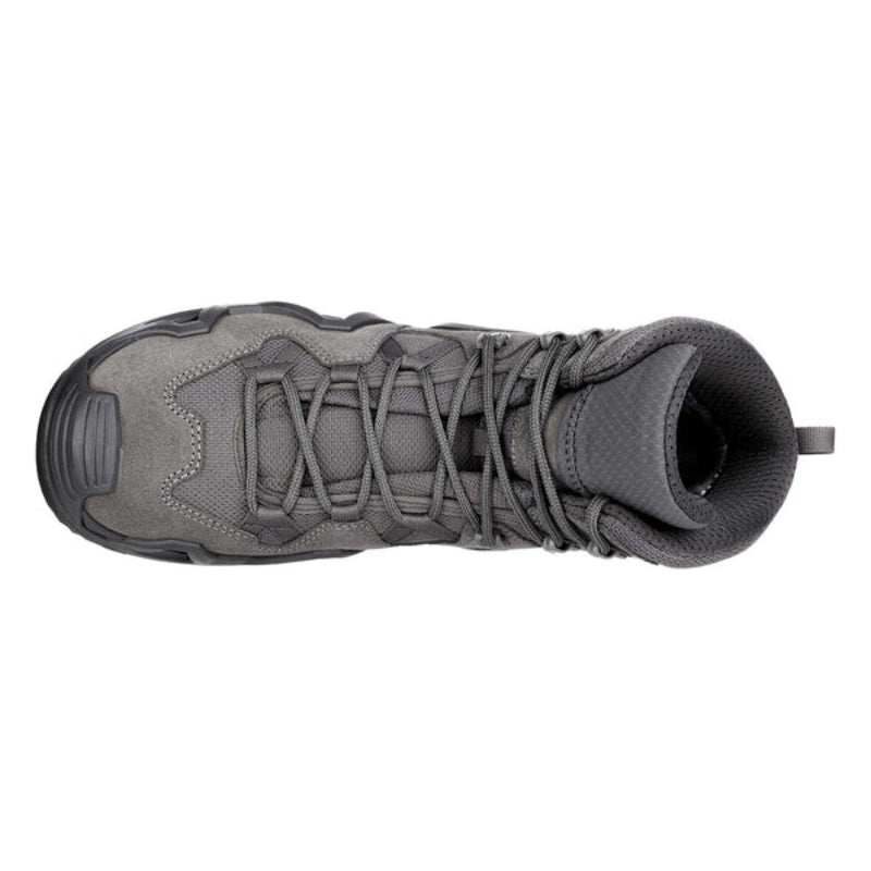 Top-down view of the LOWA Zephyr MK2 GTX Mid in Wolf showing the padded tongue, lace system, and waterproof boot construction.