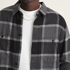 Close-up of the double-brushed plaid fabric on the Larkspur Flannel, highlighting its soft texture and durable stitching.