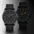 Luminox Atacama Field 1961 blackout watch shown in a dual-view display capturing both its daylight appearance and its glowing Luminox Light Technology illumination, highlighting constant-visibility hour markers, tactical blackout styling, and rugged field-ready construction.