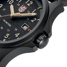 Close-up detail shot of the Luminox Atacama Field 1970 showing the fixed bezel, IP-black protected crown, and CARBONOX case construction, emphasizing rugged field durability, tactical reliability, and Swiss Made precision.