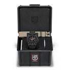 Luminox Atacama Field 1970 watch kit displayed inside its protective case, showing the 43mm CARBONOX field watch, interchangeable rubber and desert NATO straps, and included accessories, emphasizing its rugged outdoor design and mission-ready versatility.