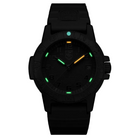 Luminox Leatherback Sea Turtle 39mm watch shown glowing in low light, highlighting the constant self-powered illumination on the hands and hour markers for reliable visibility during nighttime, low-light, and tactical outdoor conditions.