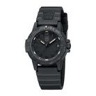 Side-angle 6/8 view of the Luminox Leatherback Sea Turtle 39mm watch, highlighting the CARBONOX case profile, unidirectional bezel, black silicone strap, and lightweight low-profile design built for tactical, outdoor, and everyday reliability.
