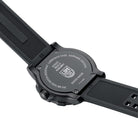 Rear view of the Luminox RECON Point Man 8820 Series Heritage watch showing the branded stainless steel screw-in case back, water resistance markings, and the underside of the strap, emphasizing rugged construction and tactical reliability.