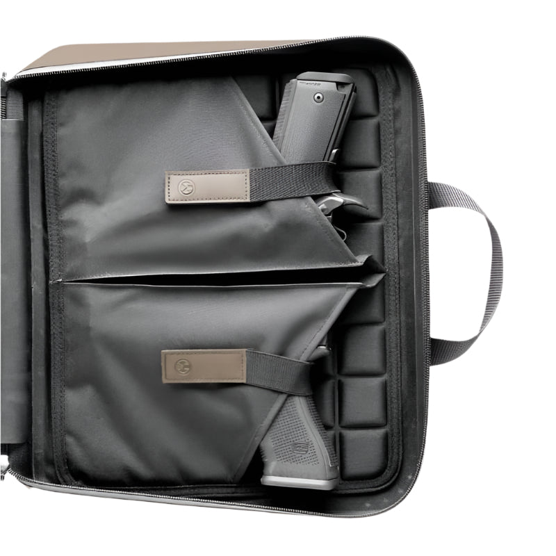 Magpul DAKA Double Pistol Case Flat Dark Earth interior right side with two handgun retention sleeves for organized range transport