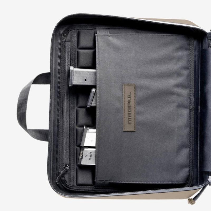 Magpul DAKA Double Pistol Case Flat Dark Earth interior left side featuring eight mag retention bands divider pocket and zippered storage sleeve