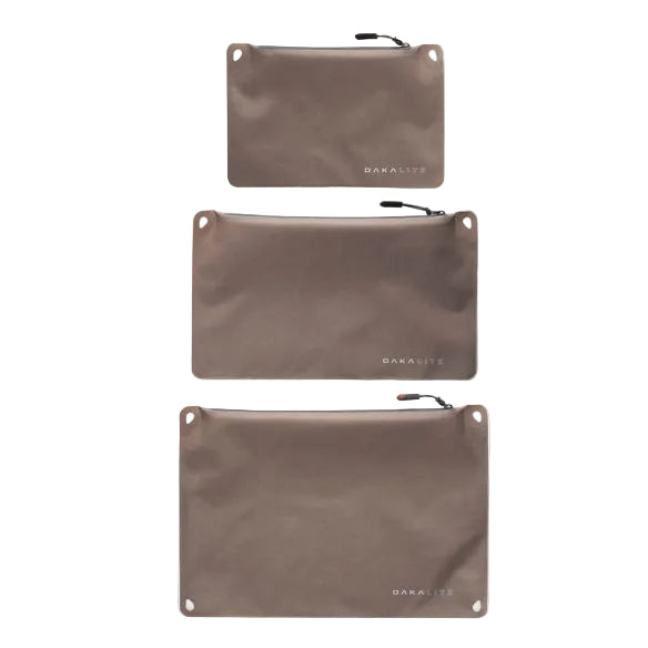 Magpul DAKA Lite Pouch in FDE displayed in small medium and large sizes highlighting scalable packable storage