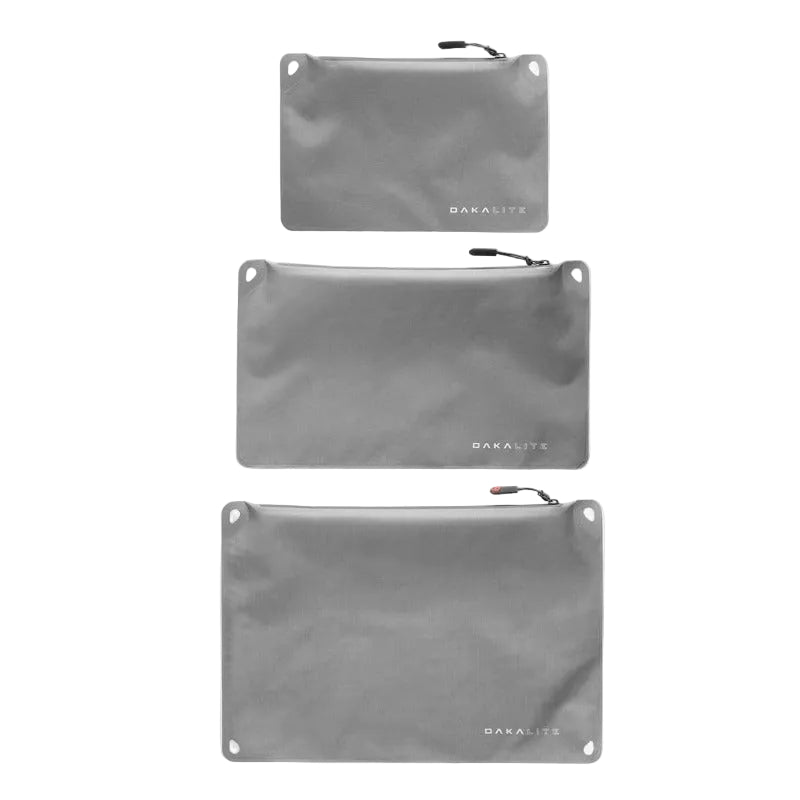 Magpul DAKA Lite Pouch lineup in grey showing small medium and large lightweight storage pouch sizes