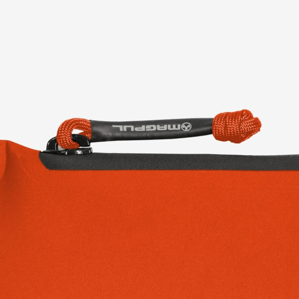 Magpul DAKA Pouch Small Orange close up of water resistant zipper and branded paracord heat shrink pull
