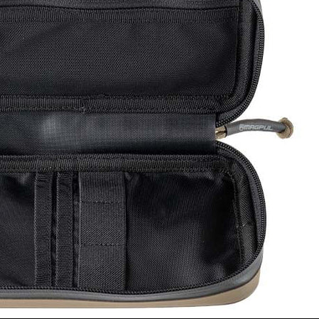 Magpul DAKA Utility Organizer Flat Dark Earth close up showing internal mesh compartment stash pockets and elastic loops for organized gear storage