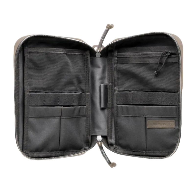 Magpul DAKA Utility Organizer Large Flat Dark Earth opened showing mesh pockets stretch MOLLE loops and organized admin storage