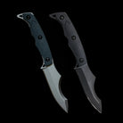 Two black tactical knives with gray blades on a black background