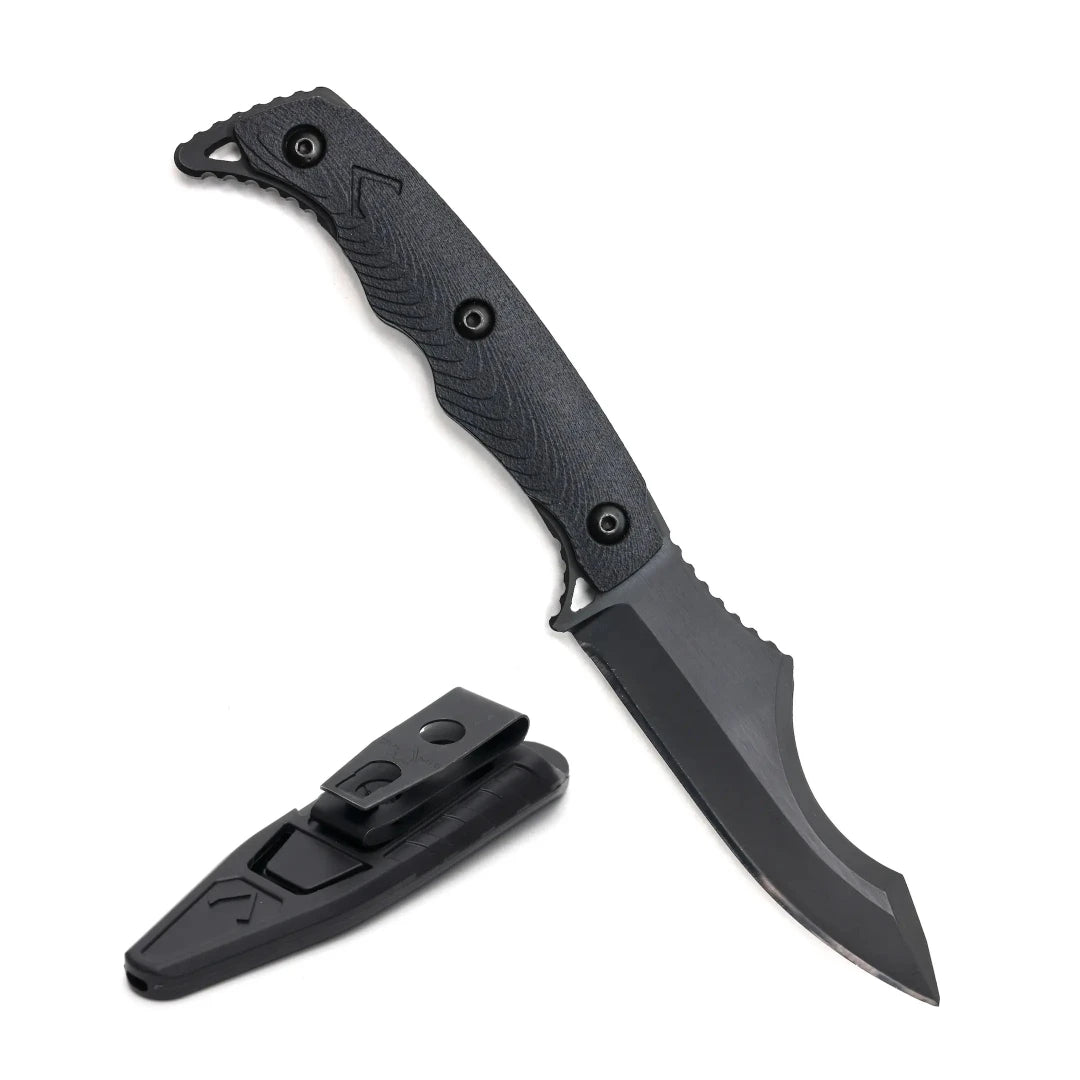 Black folding knife with sheath on a white background