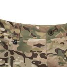 Close-up of TD Cordell Amphib Combat Pants V2 in MultiCam® Agility showing reinforced waistband with custom bar button, fly zipper, front hand pockets, and wide belt loops. Amphibious tactical pants built for EDC carry, range training, and field deployments with abrasion-resistant, quick-dry Brookwood fabric.