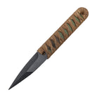A tactical G10 tool with a textured black point and a handle wrapped in brown paracord, shown diagonally on a solid white background.