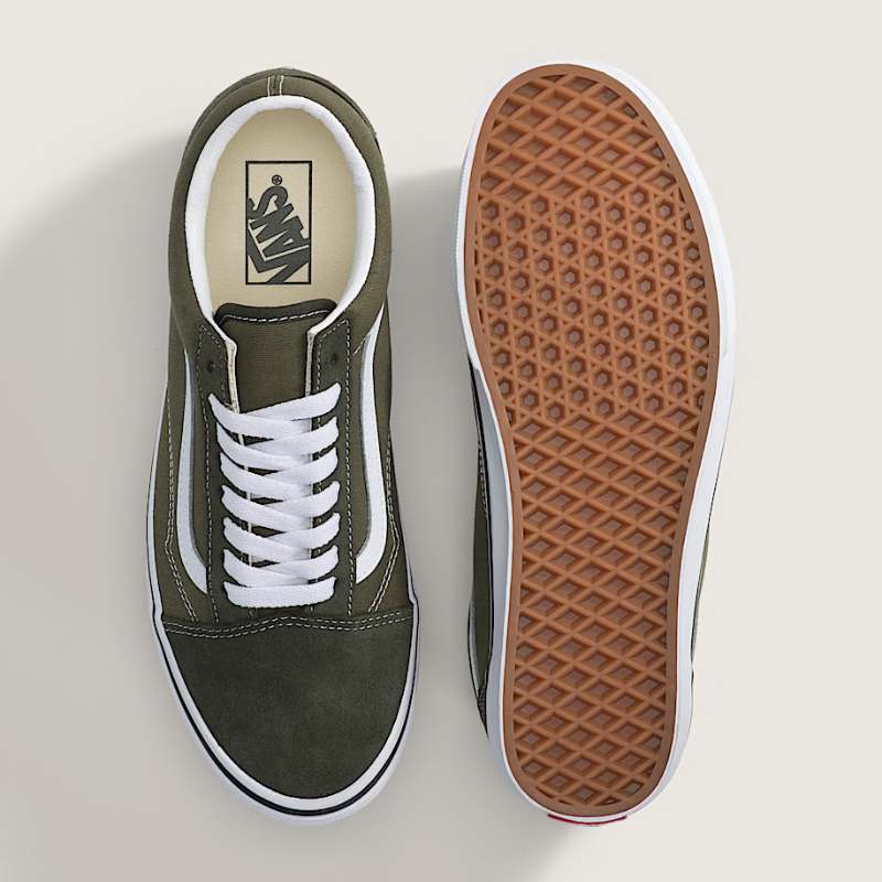 Vans Old Skool shoe in Obsidian Fern green suede and canvas low top skate sneaker with white Sidestripe