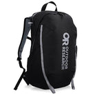 Product shot of the Outdoor Research Adrenaline Day Pack 30L in black, featuring durable 210D ripstop nylon, ergonomic straps, padded hip belt, hydration sleeve, and streamlined design for fast-and-light missions and day hikes.