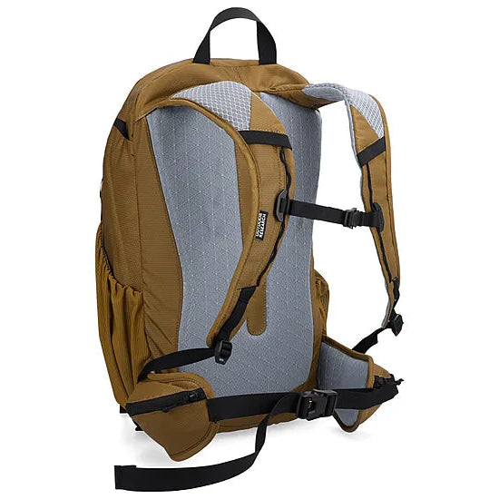 Back view of the Outdoor Research Adrenaline Day Pack 30L in coyote, featuring padded ergonomic shoulder straps, ventilated back panel, hip belt with storage pockets, and adjustable sternum strap for secure tactical and alpine carry.