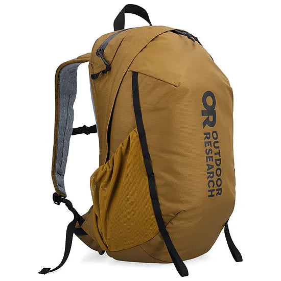 Product shot of the Outdoor Research Adrenaline Day Pack 30L in coyote colorway, built with 210D ripstop nylon, padded hip belt, hydration sleeve, and streamlined design for alpine missions, hiking, and tactical carry.