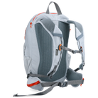 Back view of the Outdoor Research Adrenaline Day Pack 30L in titanium, featuring padded shoulder straps, ventilated ergonomic back panel, hip belt with storage pockets, and adjustable sternum strap for secure alpine carry.