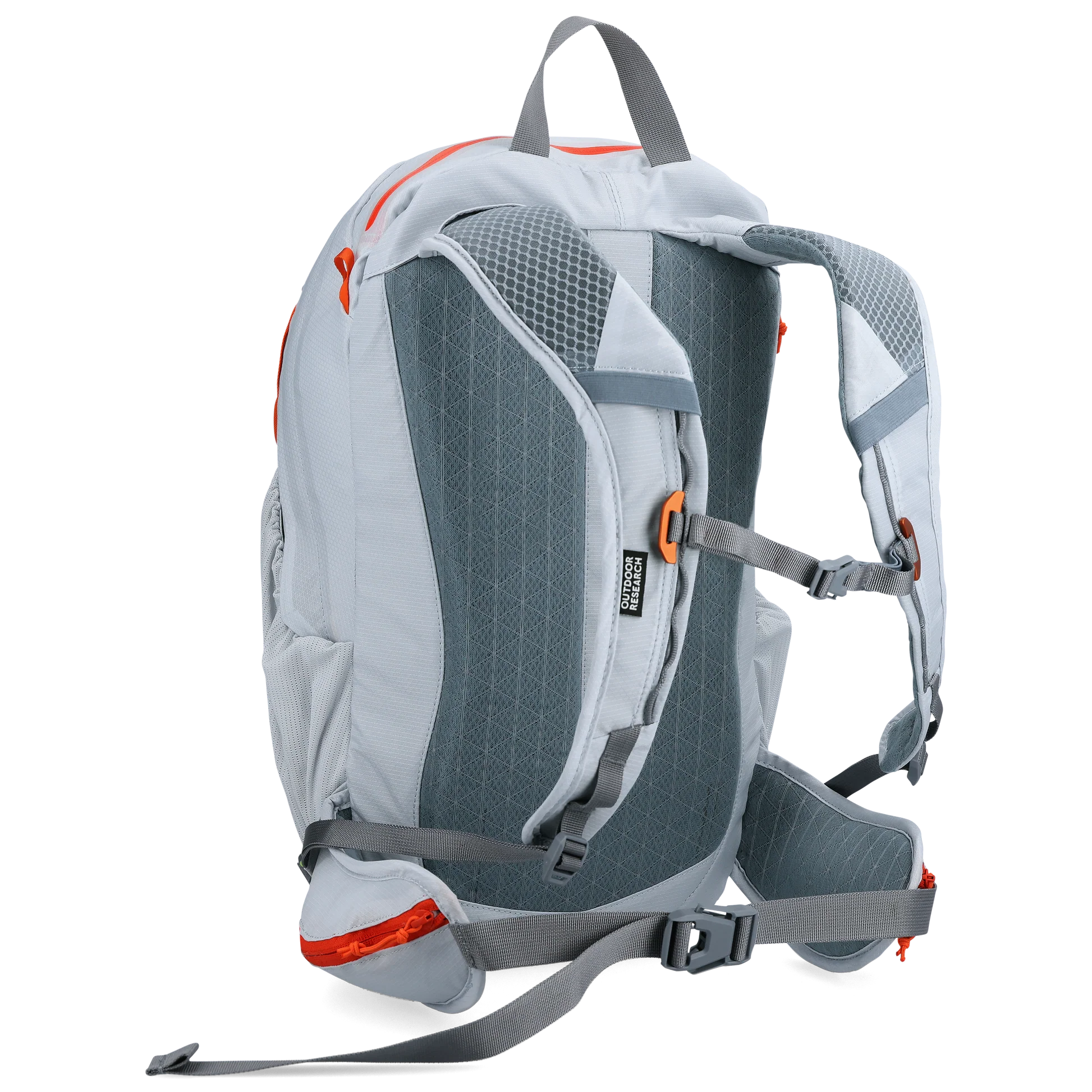 Back view of the Outdoor Research Adrenaline Day Pack 30L in titanium, featuring padded shoulder straps, ventilated ergonomic back panel, hip belt with storage pockets, and adjustable sternum strap for secure alpine carry.