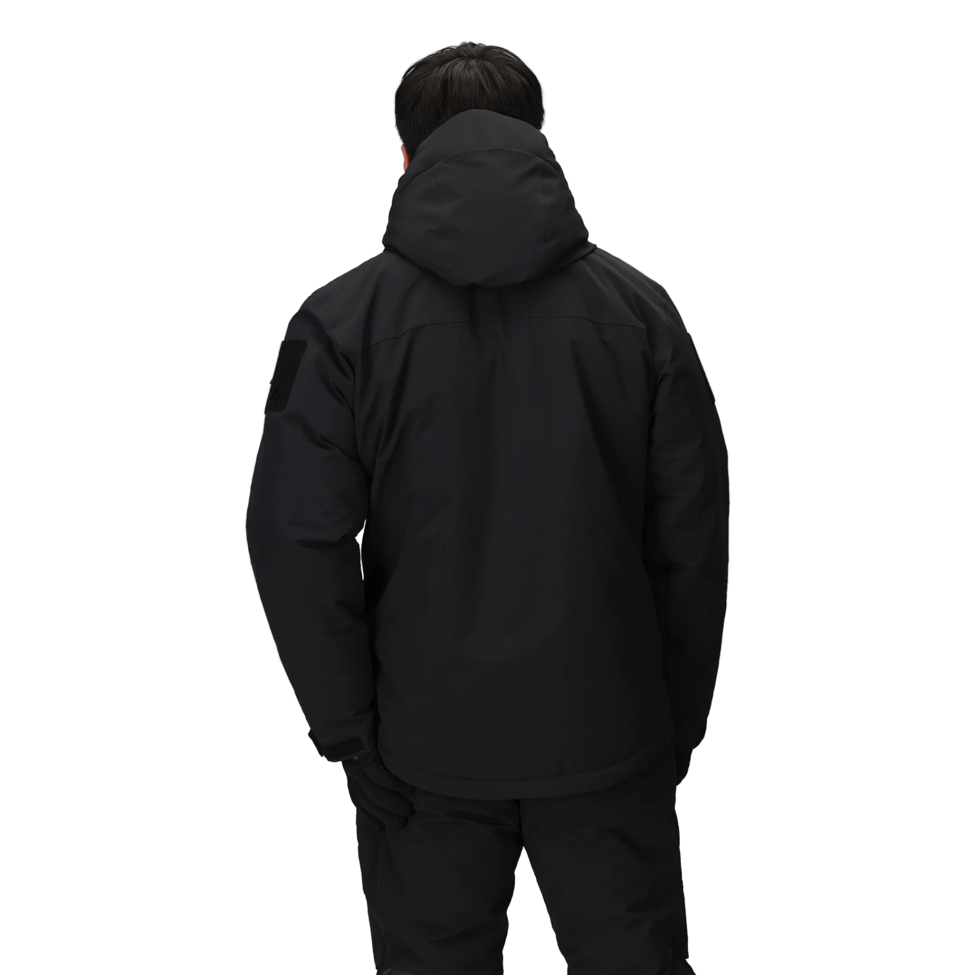 Back view of the Outdoor Research Allies Colossus II Parka in black, highlighting insulated hood, long hem coverage, and articulated fit for Arctic missions.
