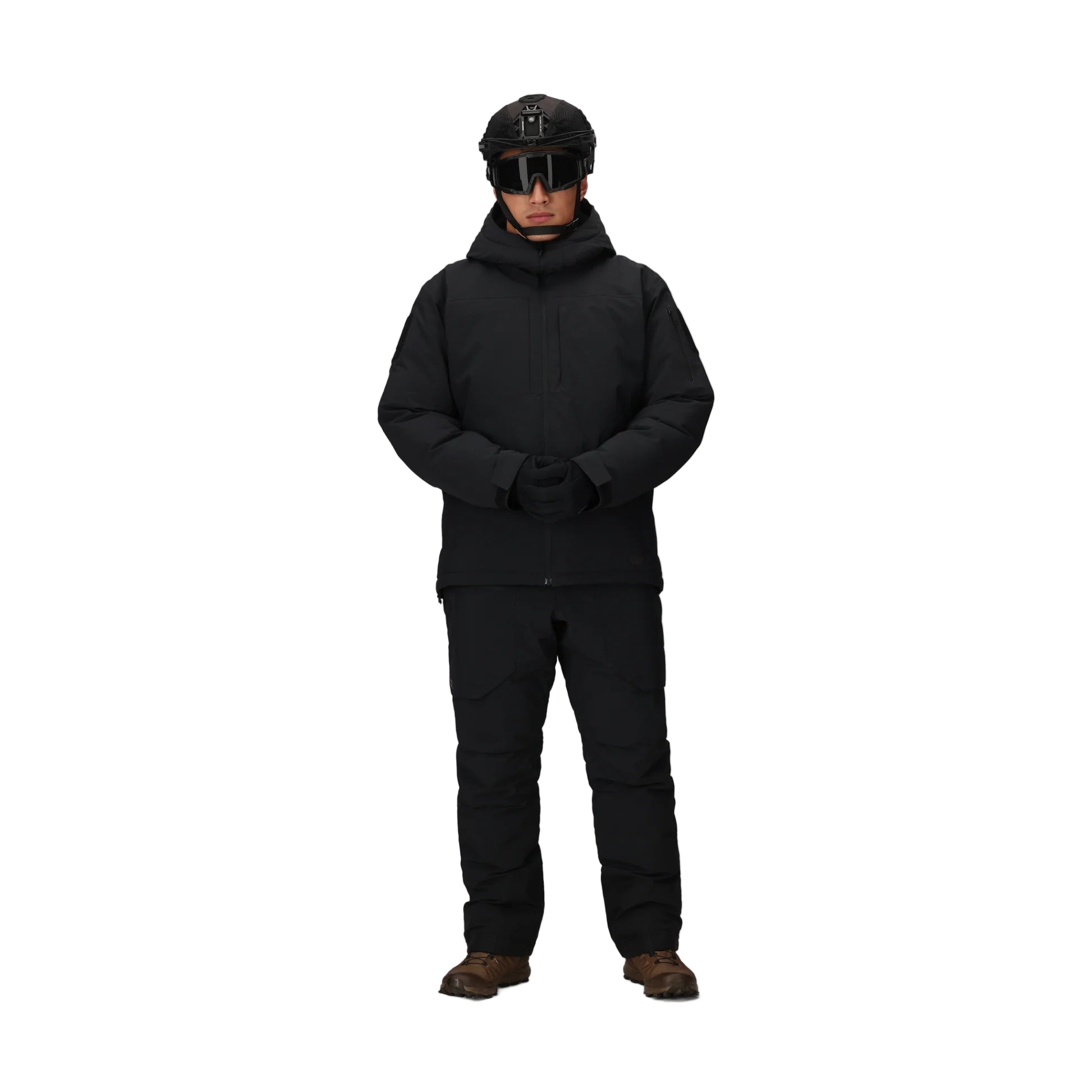 Full body view of the Outdoor Research Allies Colossus II Parka in black, shown on a model with operational length, rugged Cordura® shell, and Arctic-level warmth for static missions