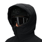 Outdoor Research Allies Colossus II Parka shown with hood up and front zipper fully closed, highlighting insulated storm-ready design, waterproof AquaGuard closure, and full face coverage for Arctic expeditions, tactical military missions, and extreme cold weather survival.