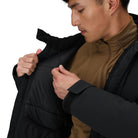 Close-up view of the Outdoor Research Allies Colossus II Parka showing the interior elastic cinch at the hood and neck, designed for a secure, insulated fit and added protection in extreme cold weather, Arctic expeditions, and tactical military use.