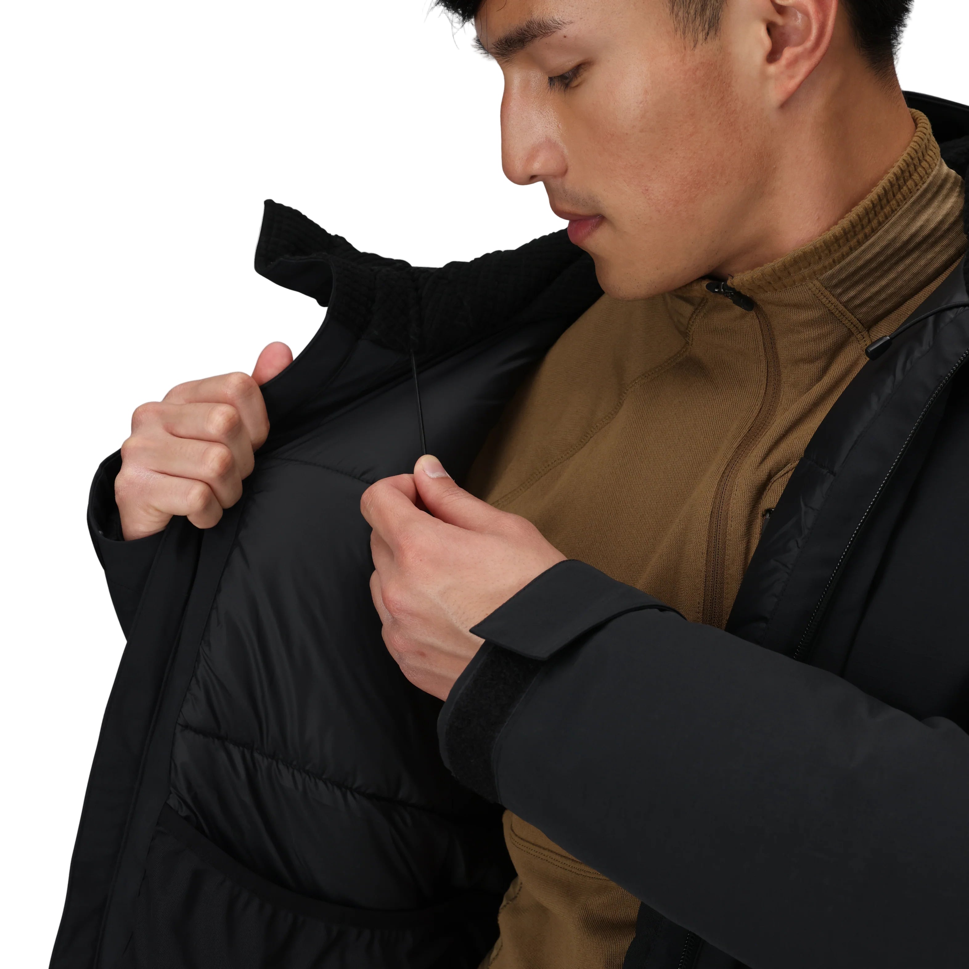 Close-up view of the Outdoor Research Allies Colossus II Parka showing the interior elastic cinch at the hood and neck, designed for a secure, insulated fit and added protection in extreme cold weather, Arctic expeditions, and tactical military use.