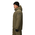 Three-quarter side view of the Outdoor Research Allies Colossus II Parka in Ranger Green, showing tactical pocket layout, shoulder ID patch panel, and rugged waterproof outer shell.
