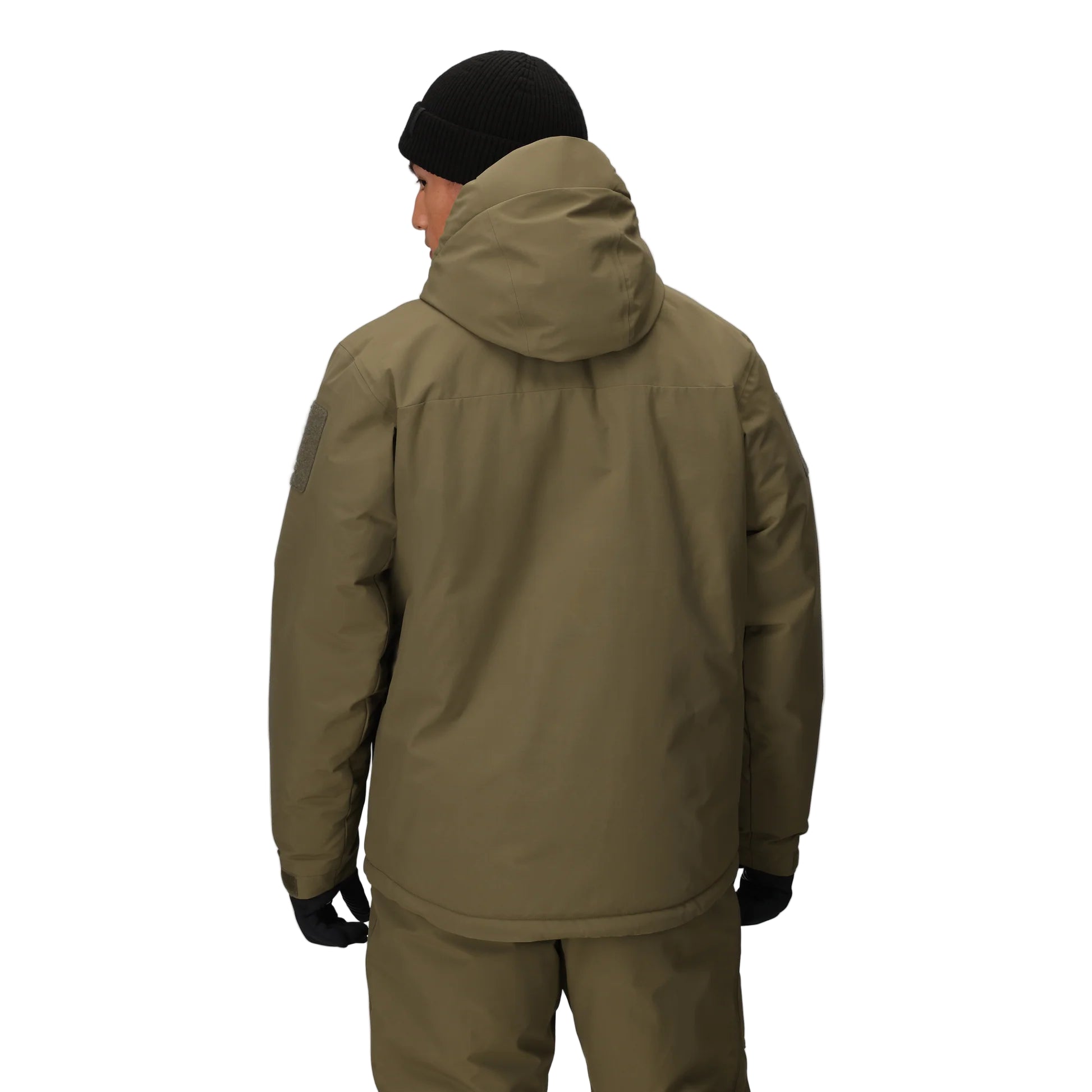 Back view of the Outdoor Research Allies Colossus II Parka in Ranger Green, highlighting extended coverage, insulated construction, and articulated fit designed for Arctic-level cold.