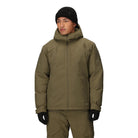 Front view of the Outdoor Research Allies Colossus II Parka in Ranger Green, shown on a model with chest zip pocket, forearm pocket, and insulated hood for mission-ready warmth.